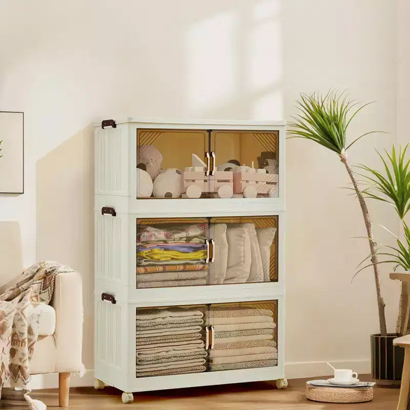Compact Stackable Plastic Storage Bin with Lid, Collapsible Storage Drawer, Magnetic Doors, for Home, Office