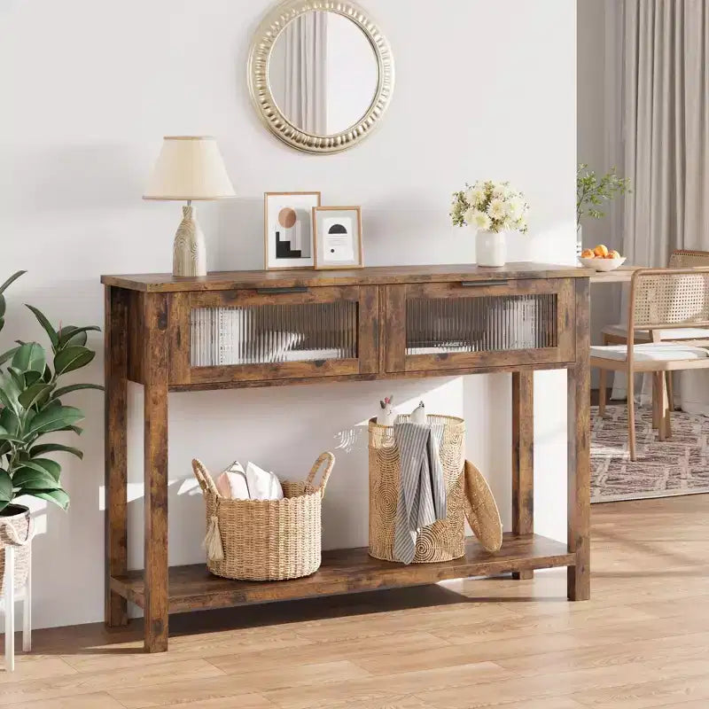 Console étroite rustique à 2 niveaux en bois avec deux tiroirs en verre et étagère de rangement ouverte, table d'appoint de canapé pour entrée, couloir, salon