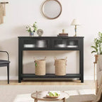 Console étroite rustique à 2 niveaux en bois avec deux tiroirs en verre et étagère de rangement ouverte, table d'appoint de canapé pour entrée, couloir, salon