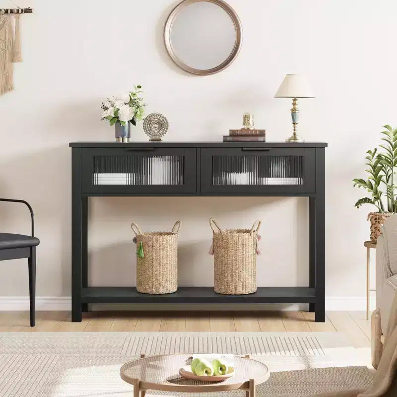 Console étroite rustique à 2 niveaux en bois avec deux tiroirs en verre et étagère de rangement ouverte, table d'appoint de canapé pour entrée, couloir, salon