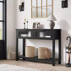 Console étroite rustique à 2 niveaux en bois avec deux tiroirs en verre et étagère de rangement ouverte, table d'appoint de canapé pour entrée, couloir, salon