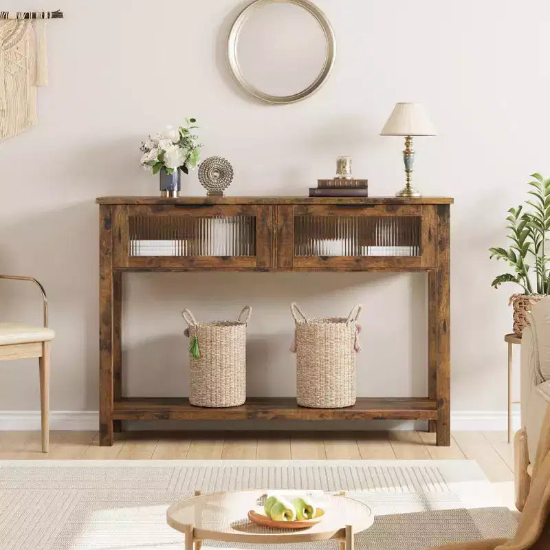 Console étroite rustique à 2 niveaux en bois avec deux tiroirs en verre et étagère de rangement ouverte, table d'appoint de canapé pour entrée, couloir, salon
