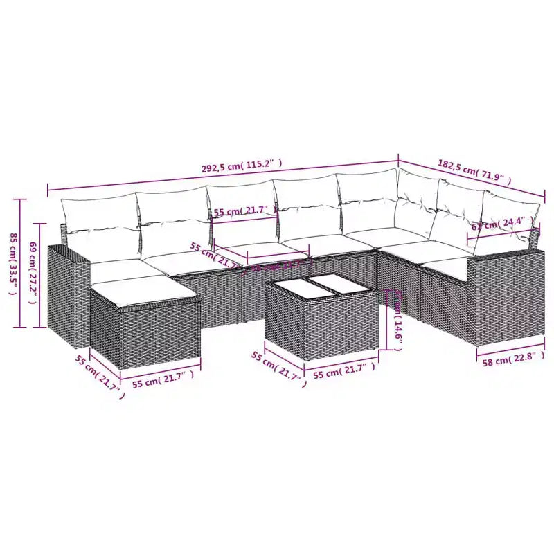 vidaXL Salon de jardin 9 pcs avec coussins résine tressée noir