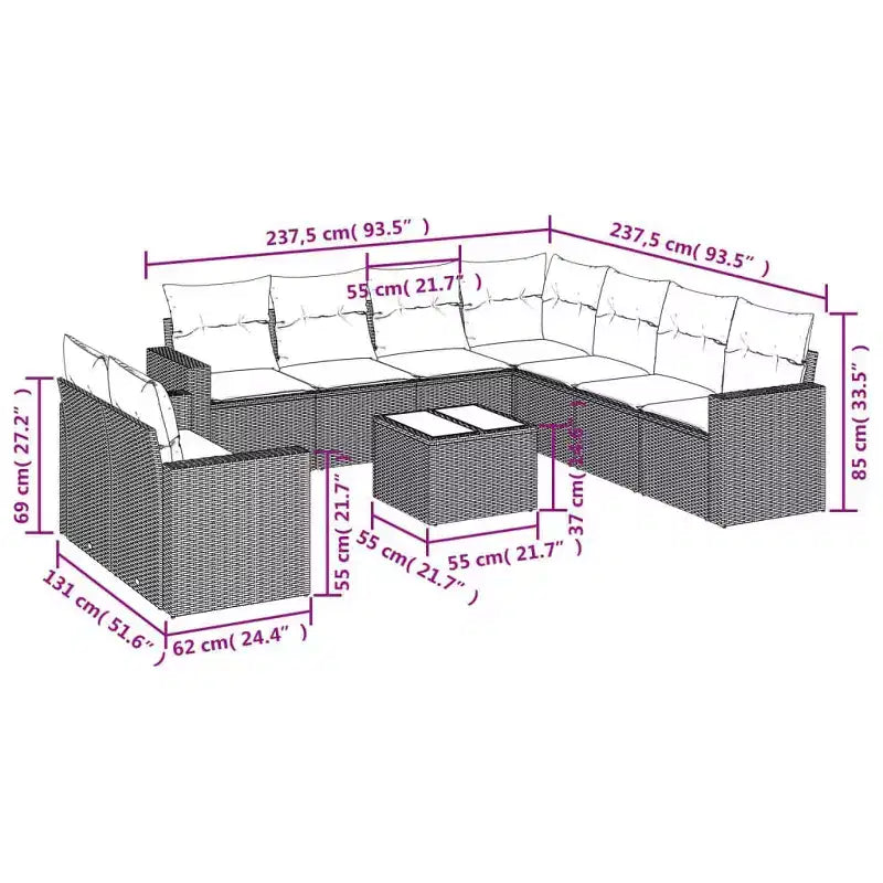 vidaXL 10 Piece Patio Sofa Set with Cushions Black Poly Rattan