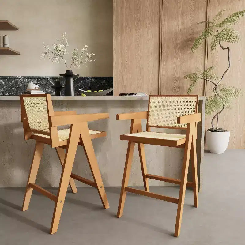 Christopher Knight Home Kelly Modern Minimalist Rubberwood Bar Stools with Cane Design (Set of 2)