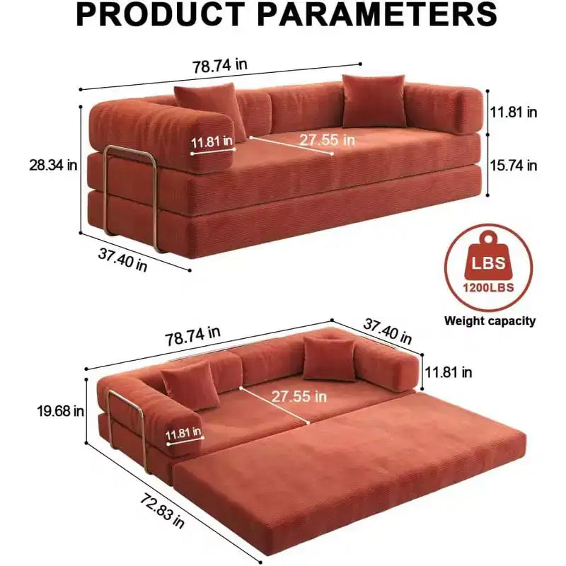 MooxvMoo 79 Modular Sectional Sofa Bed Convertible, Pudding Floor Sofa, Compression Sleeper for Living Room Bedroom, Orange