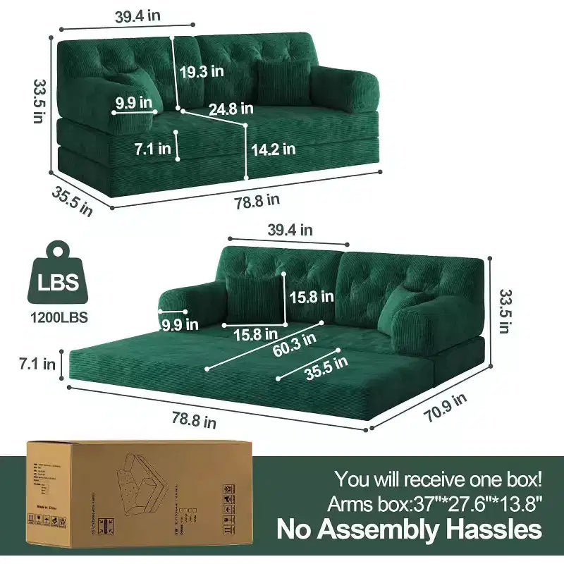 MooxvMoo 79 Modular Sectional Sofa Bed Convertible, Pudding Floor Sofa, Compression Sleeper for Living Room Bedroom, Dark Green