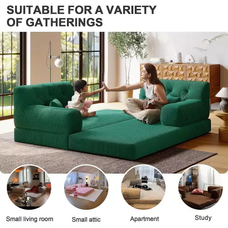 MooxvMoo 79 Modular Sectional Sofa Bed Convertible, Pudding Floor Sofa, Compression Sleeper for Living Room Bedroom, Dark Green