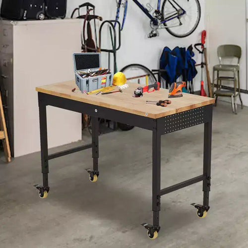 Établi Robuste Réglable avec Tiroirs, Panneau Perforé, Panneau Arrière et Bande Lumineuse, Plateau en Bois d'Hévéa de 48", Charge de 2000 lb, Table Mobile