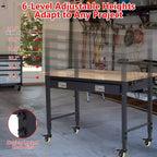 Établi Robuste Réglable avec Tiroirs, Panneau Perforé, Panneau Arrière et Bande Lumineuse, Plateau en Bois d'Hévéa de 48", Charge de 2000 lb, Table Mobile