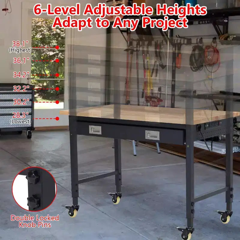 Établi Robuste Réglable avec Tiroirs, Panneau Perforé, Panneau Arrière et Bande Lumineuse, Plateau en Bois d'Hévéa de 48", Charge de 2000 lb, Table Mobile