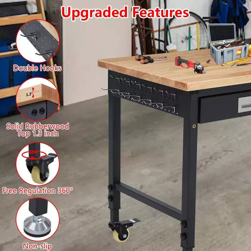 Établi Robuste Réglable avec Tiroirs, Panneau Perforé, Panneau Arrière et Bande Lumineuse, Plateau en Bois d'Hévéa de 48", Charge de 2000 lb, Table Mobile