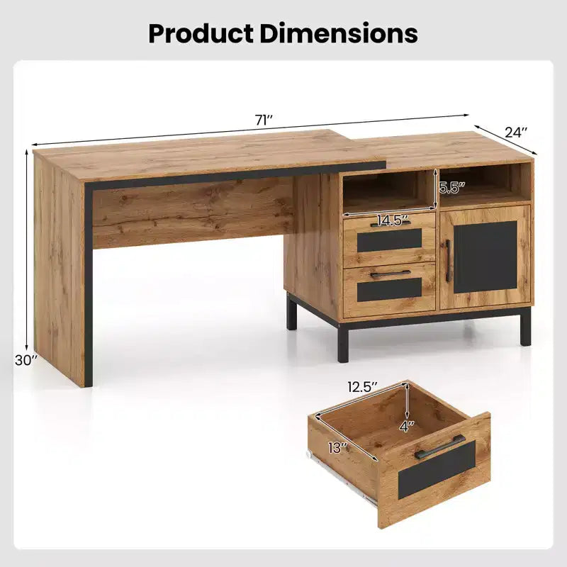 Costway 71 Executive Desk with Open Compartments, Storage Drawers & Single-Door Cabinet Natural