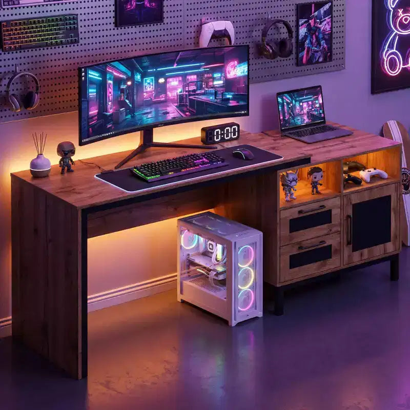 Costway 71 Executive Desk with Open Compartments, Storage Drawers & Single-Door Cabinet Natural