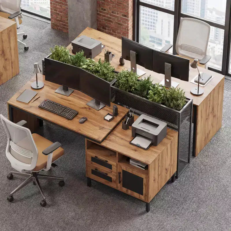 Costway 71 Executive Desk with Open Compartments, Storage Drawers & Single-Door Cabinet Natural