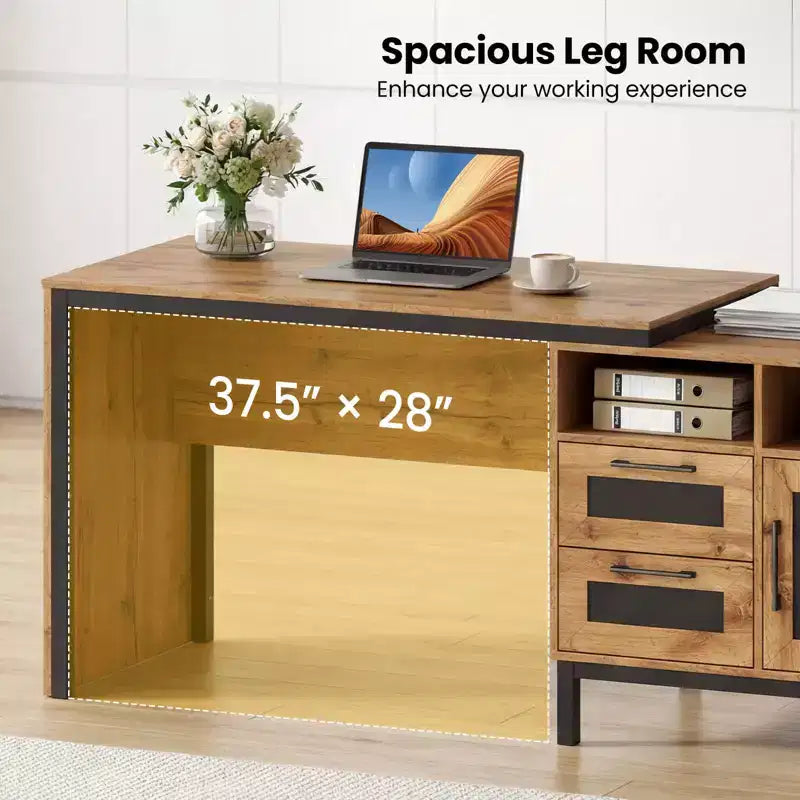 Costway 71 Executive Desk with Open Compartments, Storage Drawers & Single-Door Cabinet Natural