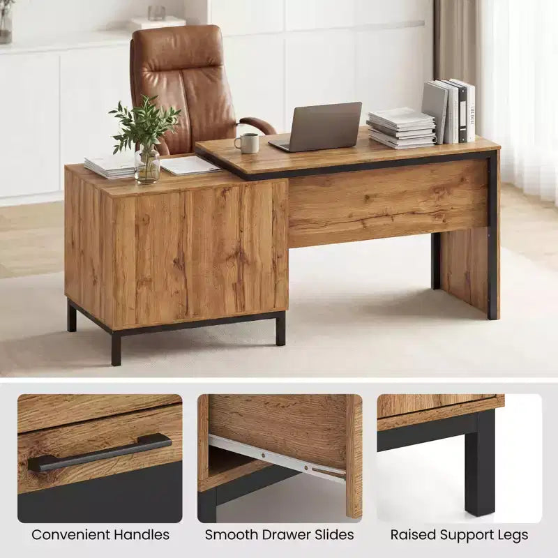 Costway 71 Executive Desk with Open Compartments, Storage Drawers & Single-Door Cabinet Natural