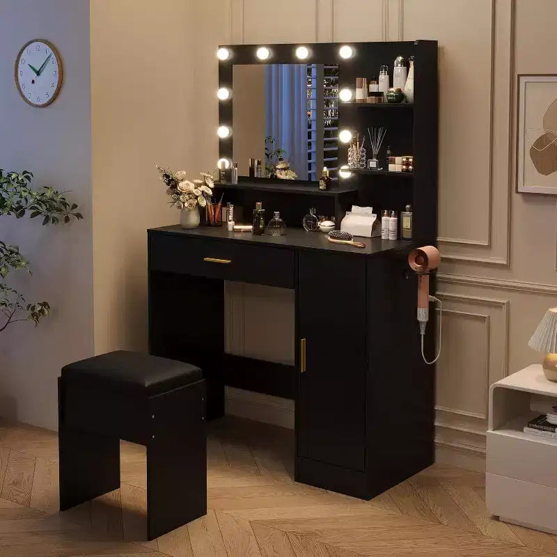 Ensemble de coiffeuse avec tabouret rembourré en PU, coiffeuse de maquillage de 90 cm avec grand tiroir, meuble et support pour sèche-cheveux, ensemble de table de dressing moderne pour chambre à coucher.