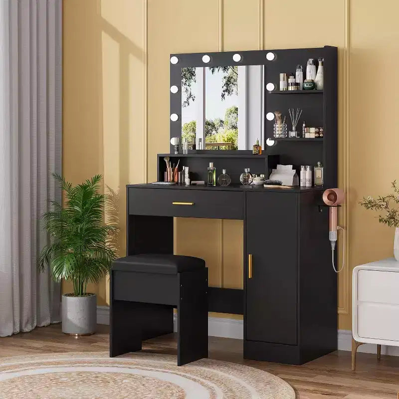 Vanity Table Set with PU Cushioned Stool, 35.4 Makeup Vanity Desk with Large Drawer & Cabinet & Hairdryer Rack, Modern Bedroom Dressing Table Set