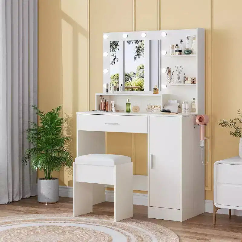 Ensemble de coiffeuse avec tabouret rembourré en PU, coiffeuse de maquillage de 90 cm avec grand tiroir, meuble et support pour sèche-cheveux, ensemble de table de dressing moderne pour chambre à coucher.