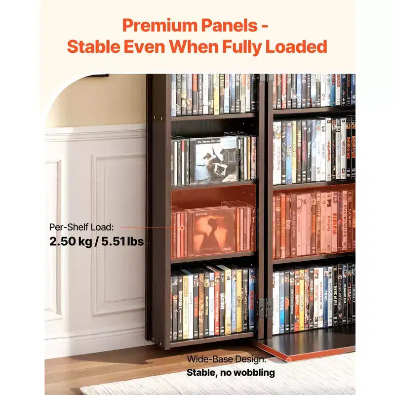 VEVOR Media Storage Cabinet, 4-Tier DVD Shelf Organizer, 24.02 x 14.49 x 33.31 in Multimedia Storage Organizer for CDs, DVDs, Books, Games, Brown