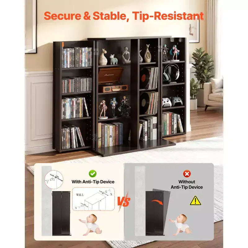 VEVOR Media Storage Cabinet, 4-Tier DVD Shelf Organizer, 24.02 x 14.49 x 33.31 in Multimedia Storage Organizer for CDs, DVDs, Books, Games, Brown