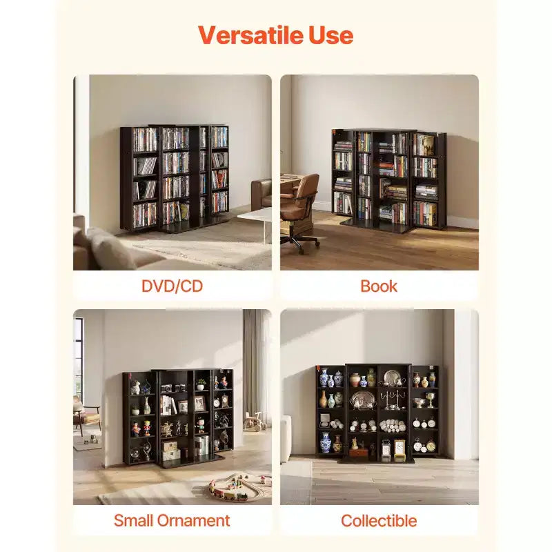 VEVOR Media Storage Cabinet, 4-Tier DVD Shelf Organizer, 24.02 x 14.49 x 33.31 in Multimedia Storage Organizer for CDs, DVDs, Books, Games, Brown