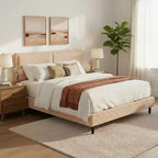Camel Plush Upholstered Bed Frame with Soft Dual-Zone Backrest, Rounded Edges and Quiet Stable Support for Cozy Bedrooms, King