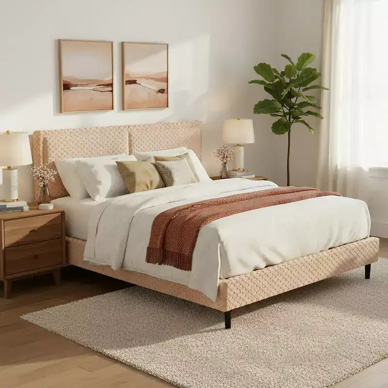Camel Plush Upholstered Bed Frame with Soft Dual-Zone Backrest, Rounded Edges and Quiet Stable Support for Cozy Bedrooms, King