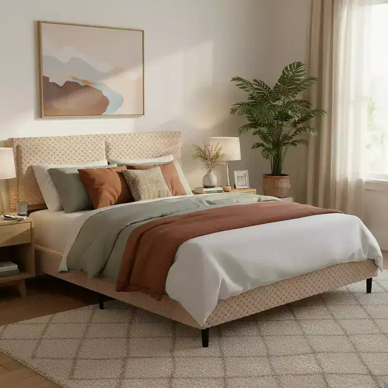 Cadre de lit en peluche de couleur camel avec dossier doux à deux zones, bords arrondis et support stable et silencieux pour des chambres confortables, King