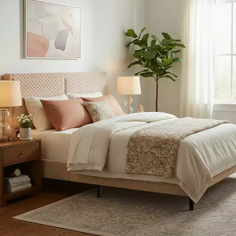 Cadre de lit en peluche de couleur camel avec dossier doux à deux zones, bords arrondis et support stable et silencieux pour des chambres confortables, King