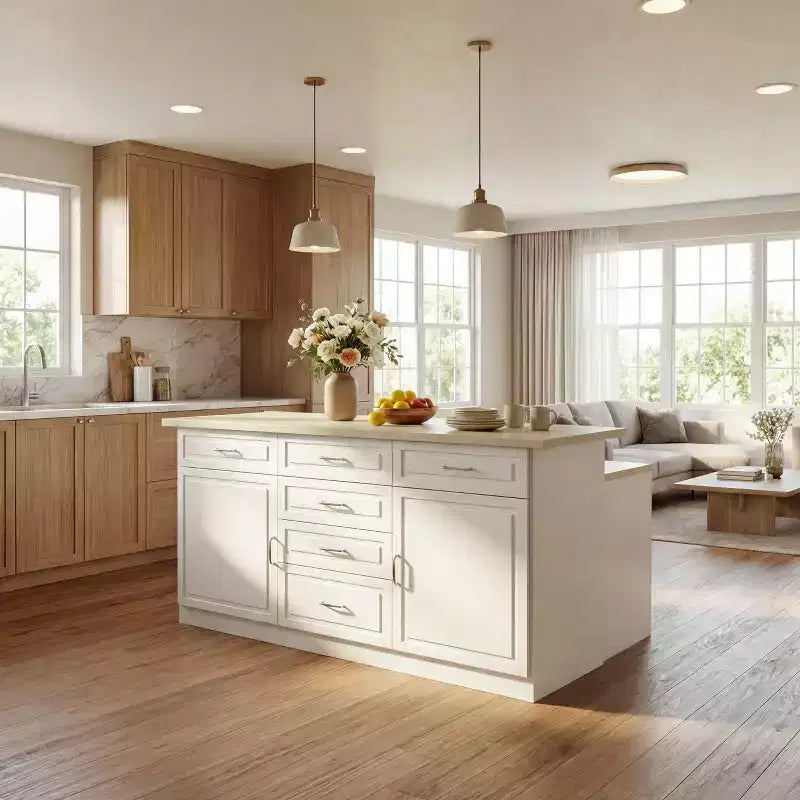 Homsee White 2-in-1 Kitchen Island with Table  Stone Grain Surface, Multi-Drawer Storage, Outlets & Easy Clean