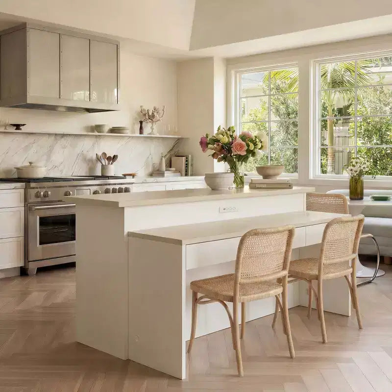 Homsee White 2-in-1 Kitchen Island with Table  Stone Grain Surface, Multi-Drawer Storage, Outlets & Easy Clean