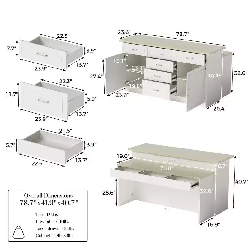 Homsee White 2-in-1 Kitchen Island with Table  Stone Grain Surface, Multi-Drawer Storage, Outlets & Easy Clean