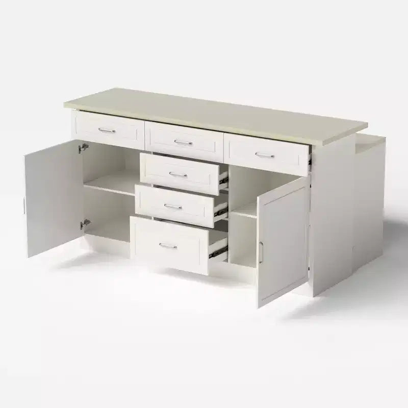 Homsee White 2-in-1 Kitchen Island with Table  Stone Grain Surface, Multi-Drawer Storage, Outlets & Easy Clean