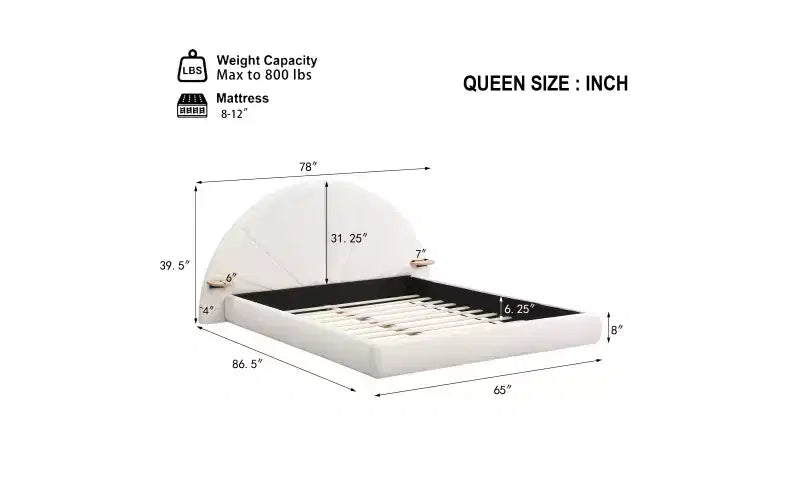Cadre de lit Queen Boucle arqué beige avec table de chevet intégrée, texture douce et design stable au sol pour chambres chics