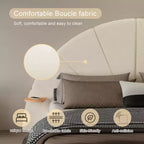 Cadre de lit Queen Boucle arqué beige avec table de chevet intégrée, texture douce et design stable au sol pour chambres chics