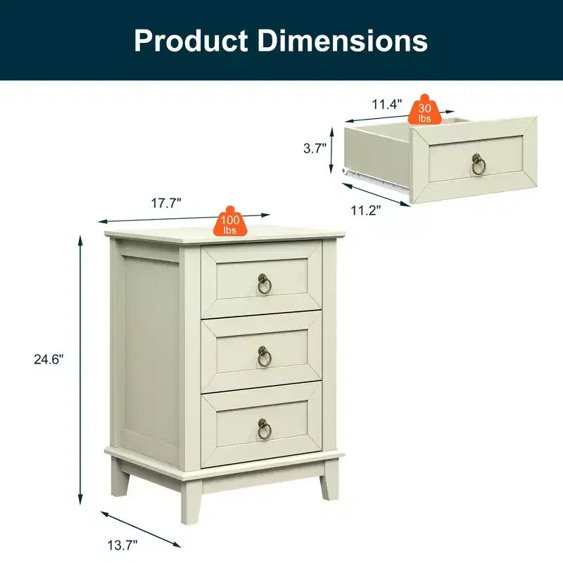 Heynemo Modern Painted 3-Drawer Nightstand