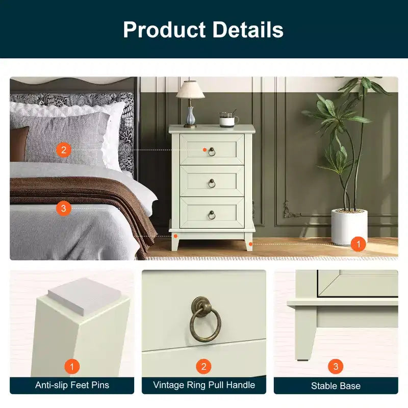 Heynemo Modern Painted 3-Drawer Nightstand