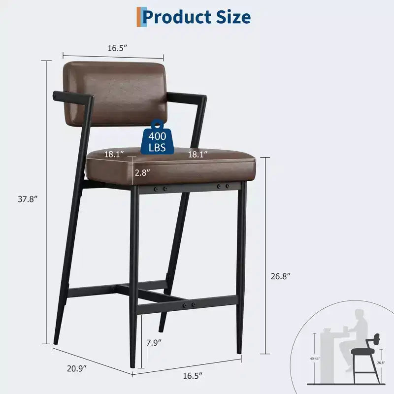 Lot de 2 tabourets de bar rembourrés style ferme, chaises hautes avec coussins moelleux, dossier et cadre en métal pour îlot de cuisine et bar à domicile