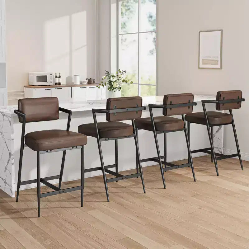 Lot de 2 tabourets de bar rembourrés style ferme, chaises hautes avec coussins moelleux, dossier et cadre en métal pour îlot de cuisine et bar à domicile