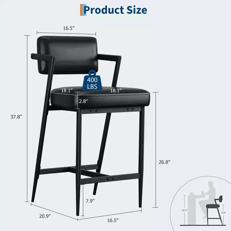 Lot de 2 tabourets de bar rembourrés style ferme, chaises hautes avec coussins moelleux, dossier et cadre en métal pour îlot de cuisine et bar à domicile