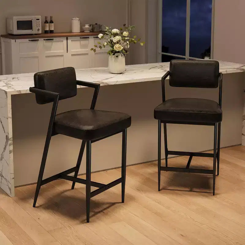 Lot de 2 tabourets de bar rembourrés style ferme, chaises hautes avec coussins moelleux, dossier et cadre en métal pour îlot de cuisine et bar à domicile
