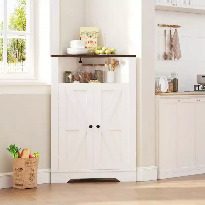Meuble d'angle de ferme de 164 cm de haut avec 4 portes coulissantes et 5 étagères, armoire de rangement peu encombrante pour salon, cuisine, buanderie, étagère en bois