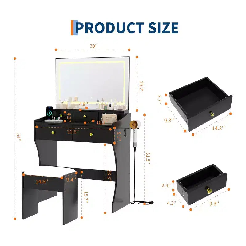 Coiffeuse 31,5" avec miroir LED et chaise cachée, table de maquillage avec éclairage 3 couleurs, prise de courant et support de sèche-cheveux, bureau de maquillage compact pour chambre à coucher