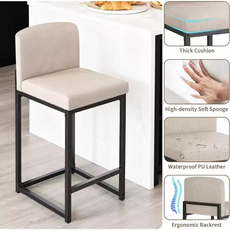 Lot de 2 tabourets de bar, hauteur de comptoir 63 cm, en cuir PU avec dossier, chaises rembourrées modernes avec pieds en métal pour îlot de cuisine, bar, comptoir