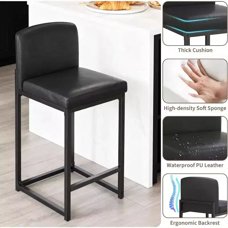 Lot de 2 tabourets de bar, hauteur de comptoir 63 cm, en cuir PU avec dossier, chaises rembourrées modernes avec pieds en métal pour îlot de cuisine, bar, comptoir