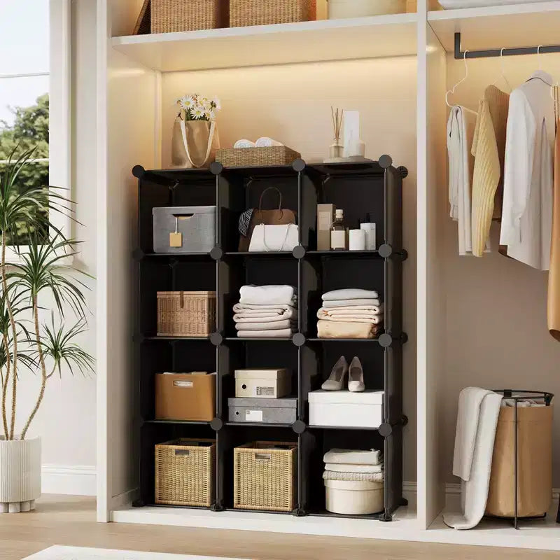Organisateur de rangement 12 cubes, étagère en PVC empilable à monter soi-même, unité polyvalente pour chambre/salon/bureau à domicile