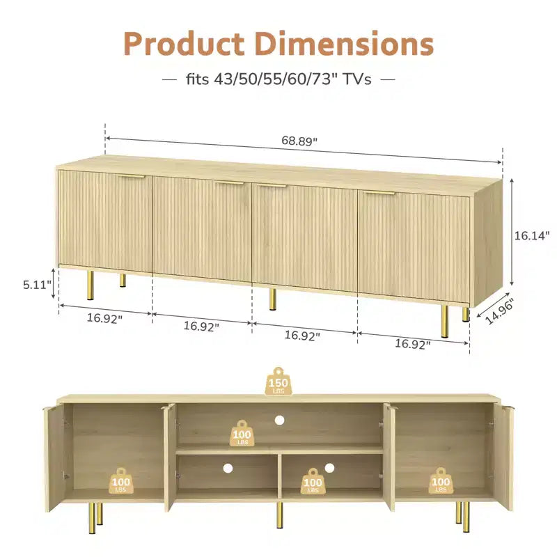 Meuble TV Zevemomo 68,89" pour téléviseurs jusqu'à 75", Console TV cannelée avec 5 Compartiments de Rangement et Pieds en Métal Robustes, pour Salon, Chêne Naturel