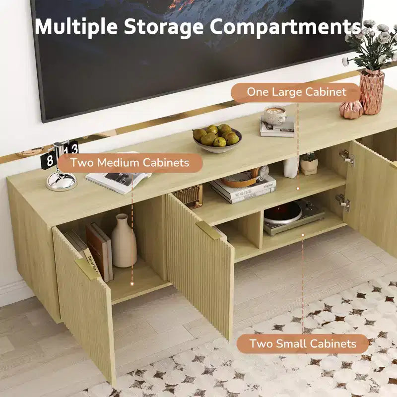 Meuble TV Zevemomo 68,89" pour téléviseurs jusqu'à 75", Console TV cannelée avec 5 Compartiments de Rangement et Pieds en Métal Robustes, pour Salon, Chêne Naturel